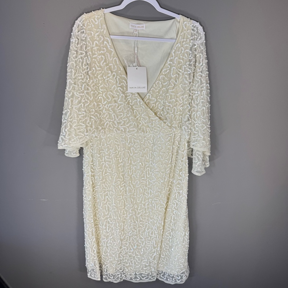 NWT Maya‎ Deluxe Ivory Sequined Wrap Midi Dress Elegant Women’s 14